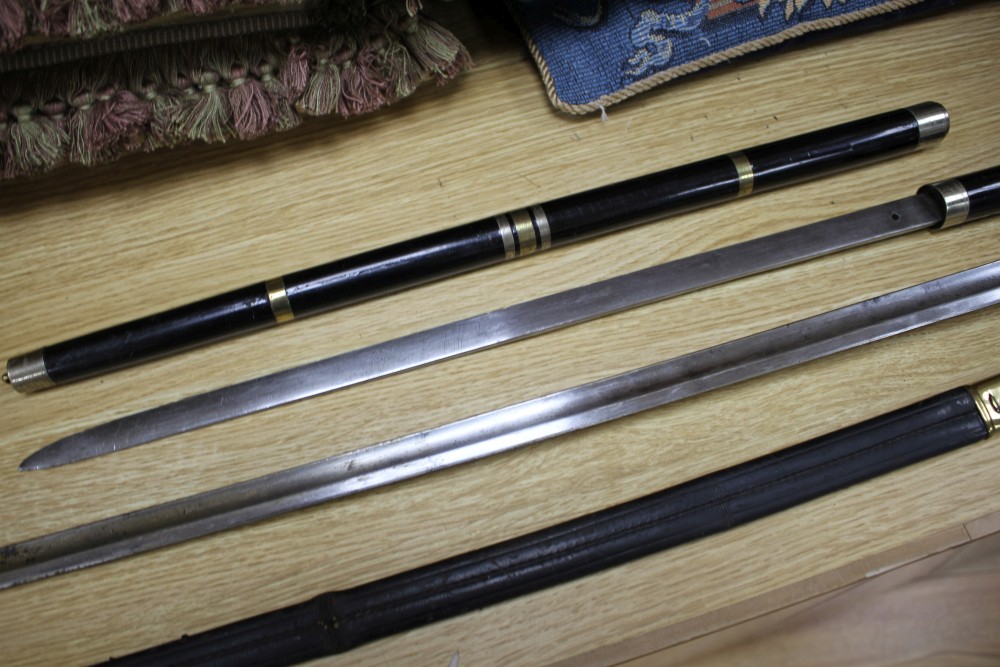 A Victorian brass hilted sword, the hilt stamped 126R.5.1 and a brass and plate mounted ebony swordstick
